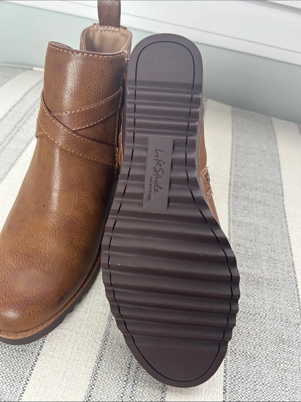 Life Stride Brown Faux-Leather Ankle Booties with Wrap Strap